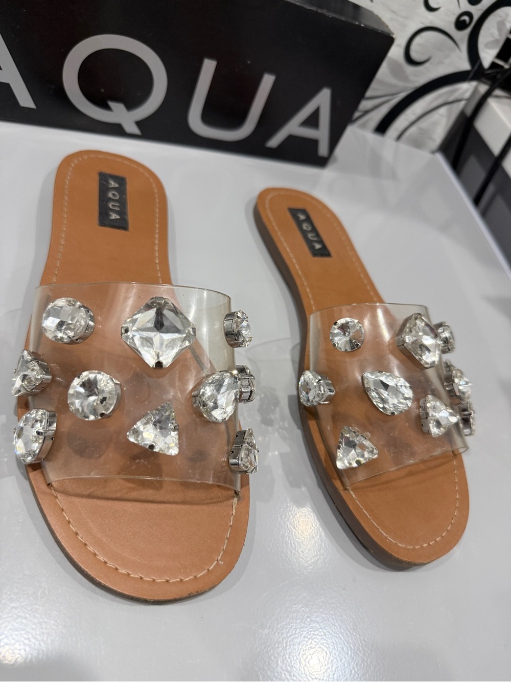 Aqua Clear Gem-Embellished Slide Sandals - Tan Footbed size 10 - Picture 3 of 12